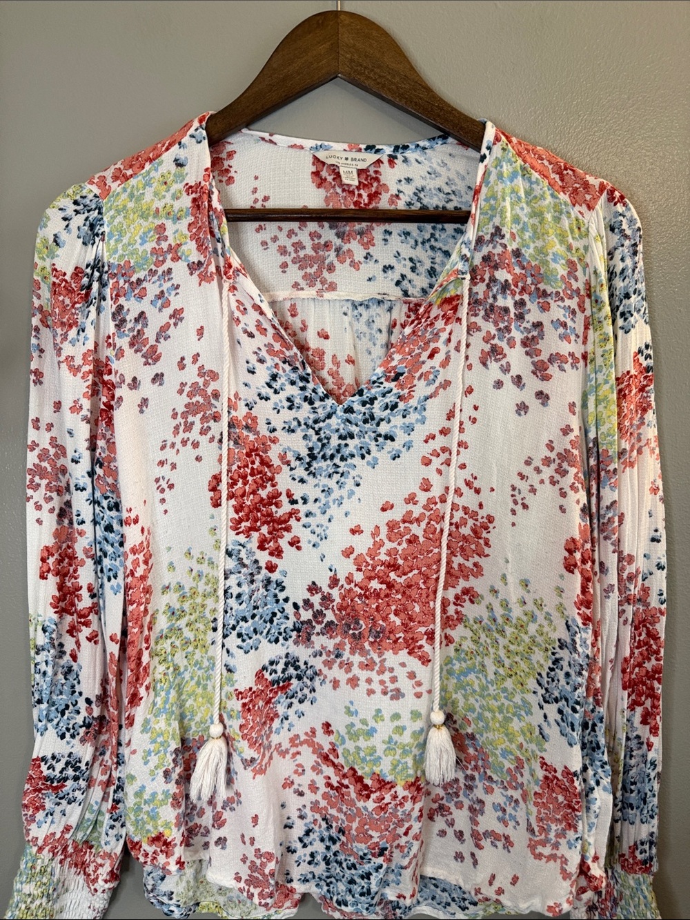Lucky Brand Floral Tassel Tie Peasant Blouse 100% Viscose Boho Size Medium - Picture 5 of 9